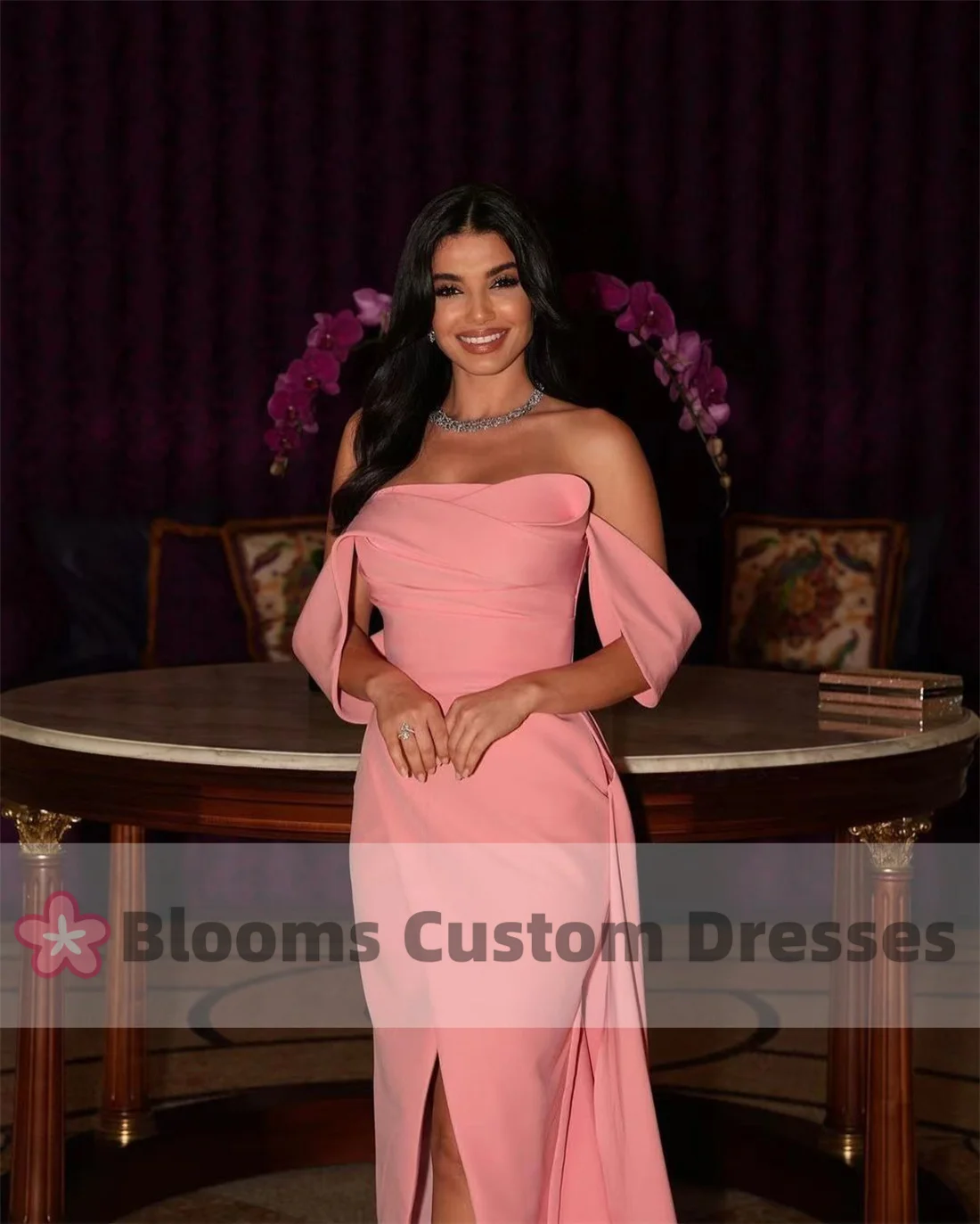 Blooms Off Shoulder Crepe Customized Prom Dresses Long Tail Elegant Women Evening Dress 2024 Wedding Guest Formal Party Gown