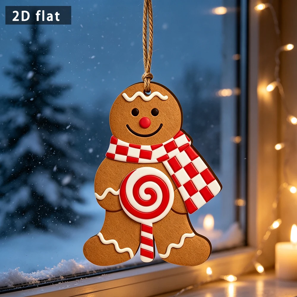 Christmas Gingerbread Man Wooden Hanging Plaque, 2D Flat Ornament with Check Scarf & Lollipop, Winter Holiday Door Wall Decor