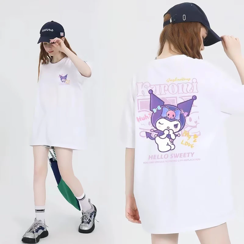 Kawaii Sanrio Kuromi Graphic Harajuku Ullzang Футболка милый мультфильм Y2K хип-хоп Уличная одежда футболка Летняя женская футболка для девочек