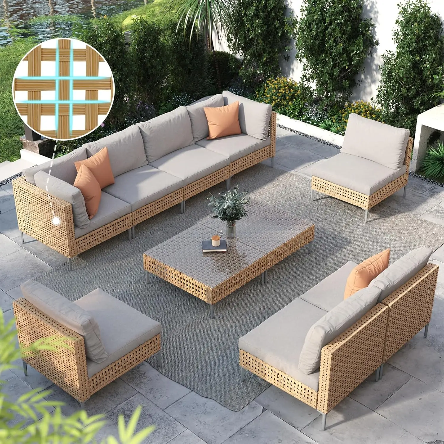 10-Piece Wicker Patio Furniture Set, Boho Set Sectional Sofa w/ Water Resistant Beige Thick Cushions and Coffee Table, Beige