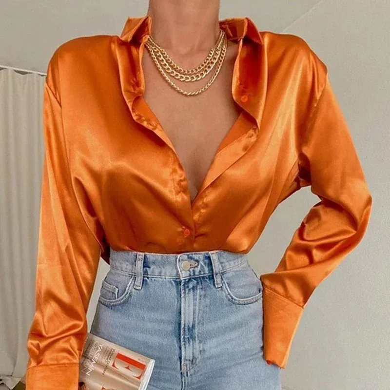 

GELITAYIN Elegant Satin Women Blouses Fashion Long Sleeve Vintage Blue Blouse Office Blusas Mujer Solid Silk Shirt Women Casual