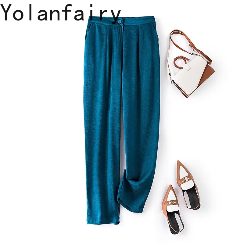 

YOLANFAIRY 93% Mulberry Silk Pants Woman Elegant High Waist Satin Skinny Pants Casual Summer Women's Pants Nine-points Trousers