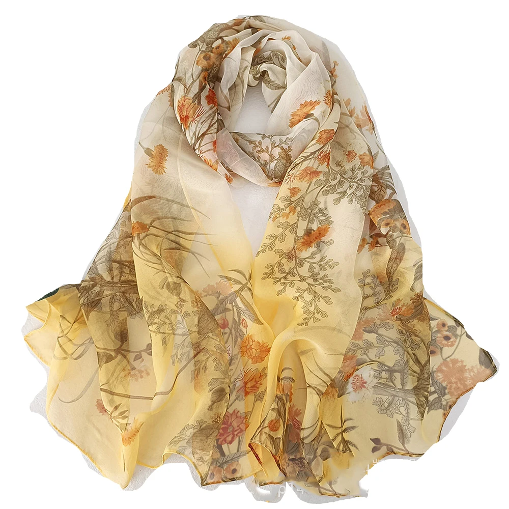 Neue Mode Blumen pflanzen Chiffon seidig Georgette Schal Frauen geometrischen Druck lange weiche Wickel Schal Strand Kopftuch Schals – Detail 8