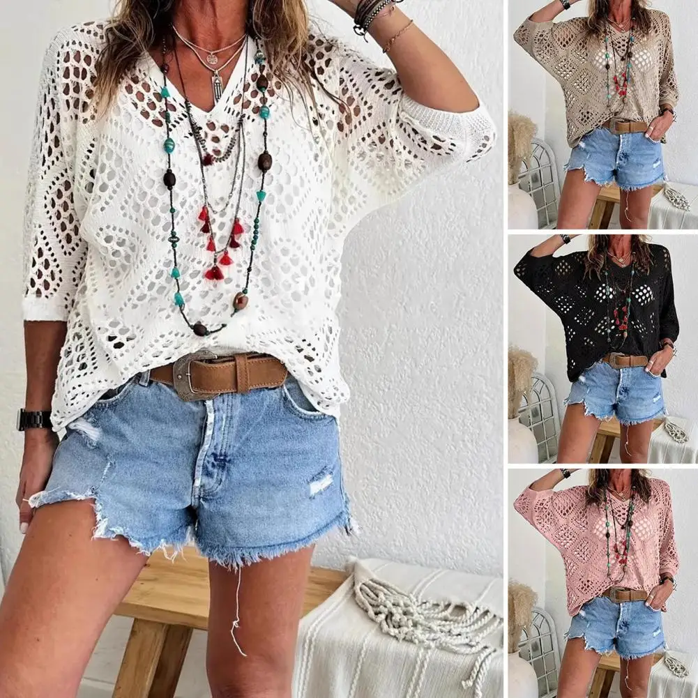 

Bohemian Crochet Tops Women V Neck Half Sleeve Hollow Out Summer Beach Cover Up Loose Knit Blouse