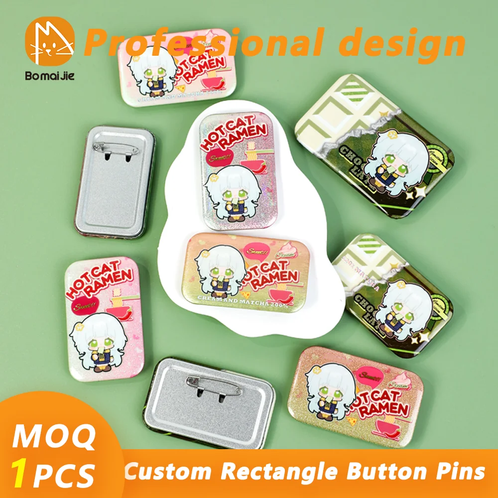 Custom Rectangle Glitter Holographic Button Pins Can Add Cold Foil Stamping Button Pins Photo Text Graphic Personalize Pins