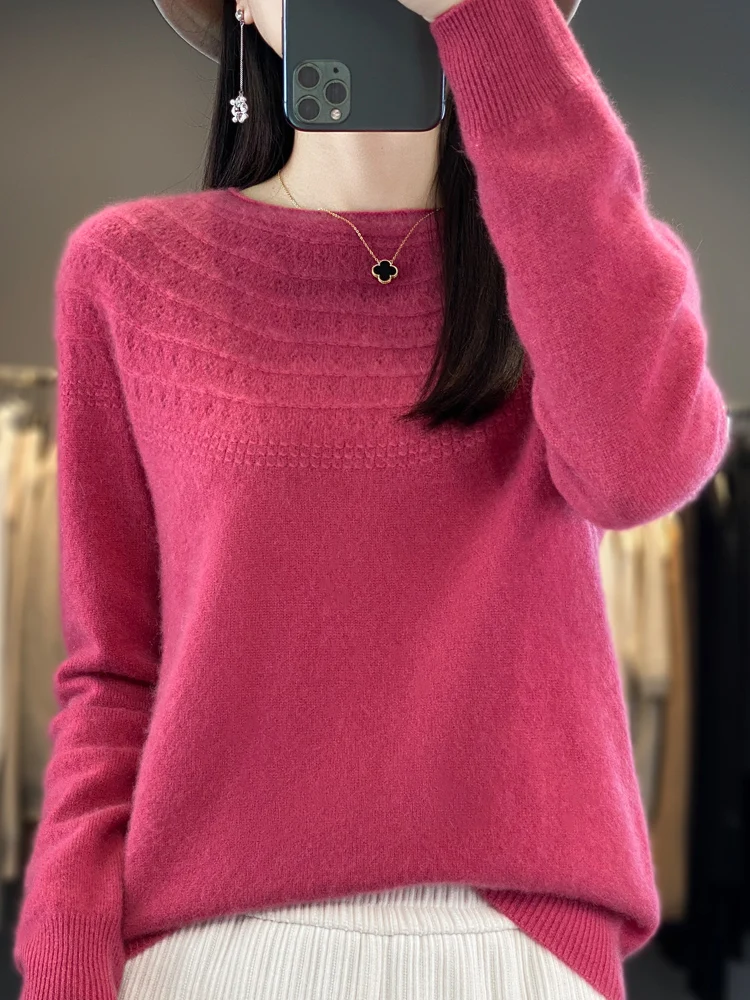Autumn Winter Women's Seamless Knitted Wool Cashmere round Neck Top Inner Wear Comfortable Fit Long Sleeve Knitwear