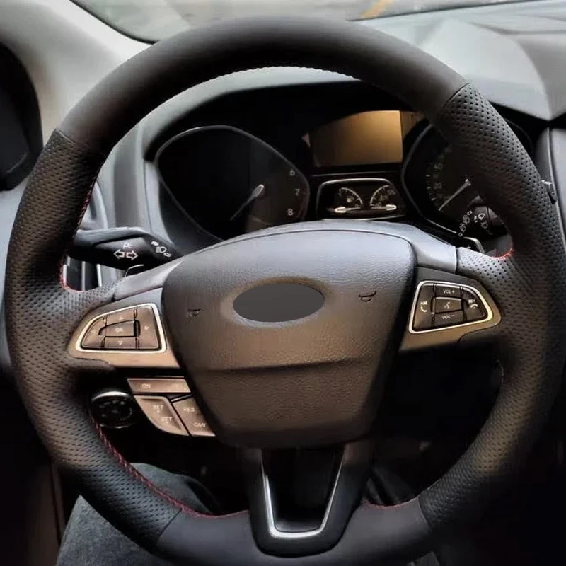 Alcantera Steering Wheel Cover Real Leather Red Thread Car Accessoires for Ford FOCUS KUGA C-MAX GRAND C-MAX ECOSPORT 2015-2020
