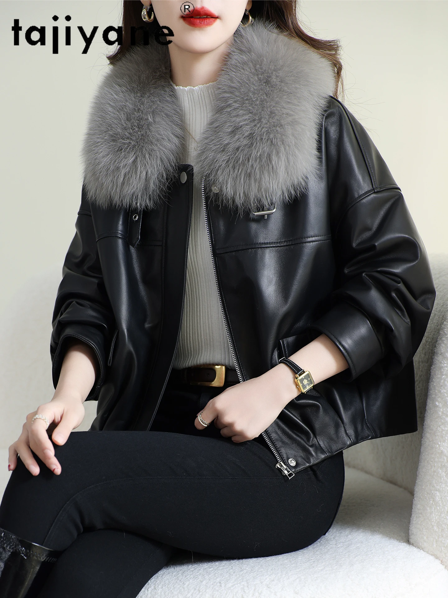 TAJIYANE 100% جلد الغنم أوزة أسفل سترة امرأة قصيرة الثعلب الفراء طوق معطف جلد طبيعي سترة منفوخة 2025 ملابس حريمي 신상АКю터