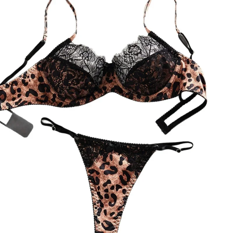 Bikini francese patchwork di pizzo stampa leopardata lingerie sexy set di due pezzi set di reggiseno tentazione sexy stampato semitrasparente