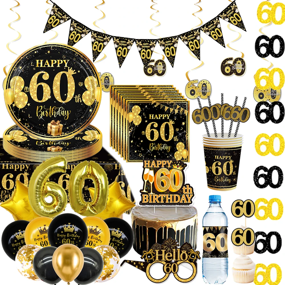 Décorations de fête pour le 60e anniversaire, assiettes en papier, serviettes, gobelets, bannière, noir et or, décorations de fête pour les 60 ans, fournitures de fête