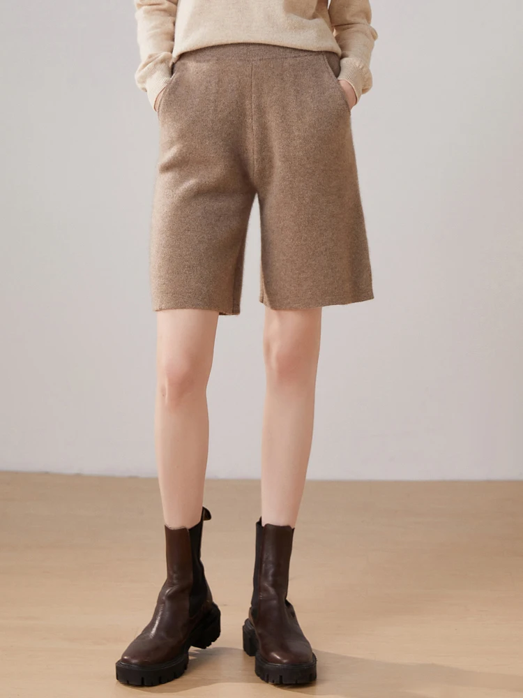 النساء الكشمير الخالص السراويل مرونة الخصر عادية مستقيم السراويل الخريف الشتاء 100% الكشمير محبوك صالح جيب الصلبة سراويل قصيرة