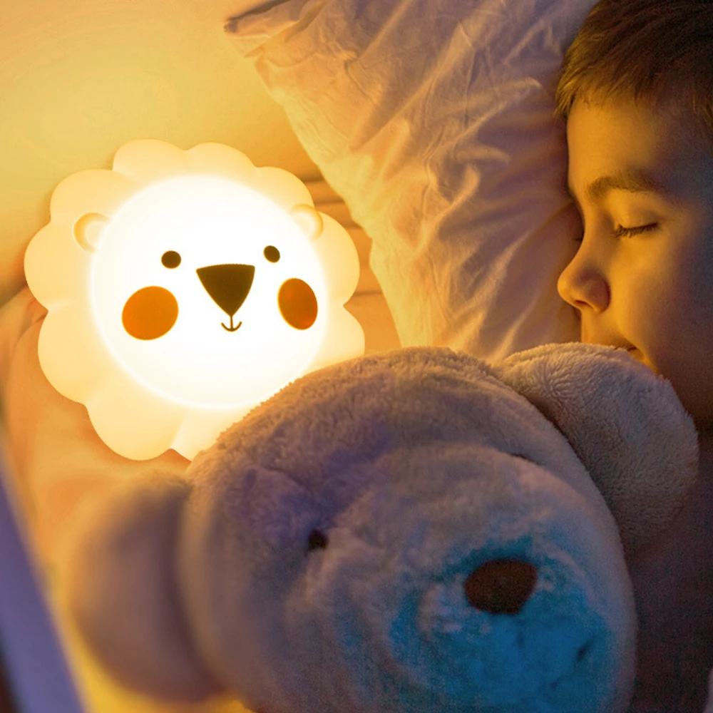 Led Cute Lion Night Light Dimmable Nursery Animal Lamps Soft Silicone USB Rechargeable Touch Remote Control 16 Colors Night Lamp