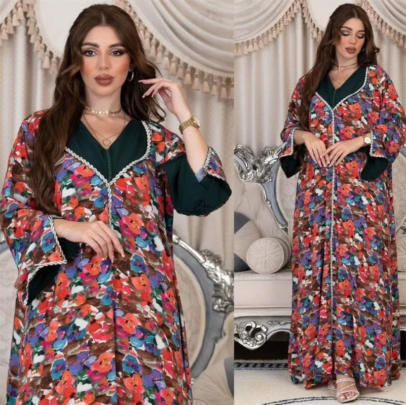 

Fashion Dubai Abaya Diamonds Floral Print Tape Trim Full Sleeve V-Neck Casual Loose Arab Long Dress Woman