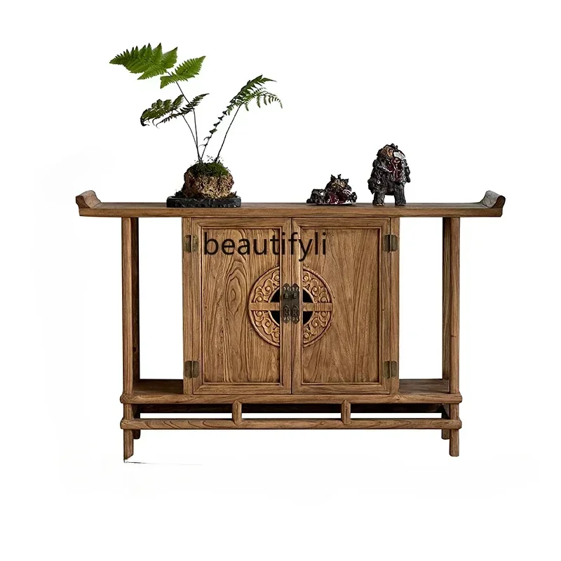 

Old elm porch cabinet weathered wood warped head, solid wood foyer partition simple middle hall table incense table