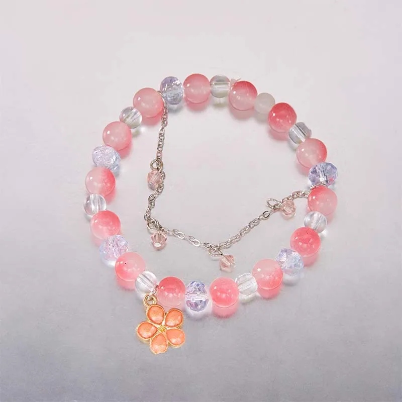 Sweet Pink Color Peach Blossom Beaded Bracelet for Women Fashion Ins Flower Tassel Chain Bangle Niche Exquisite Jewelry Gifts