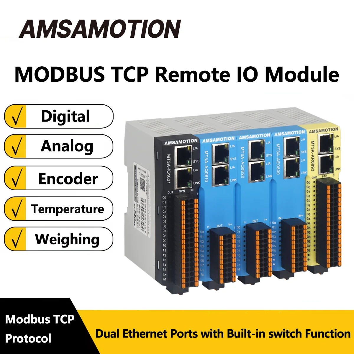 AMSAMOTION MODBUS TCP Remote IO Module Digital Analog Temperature Weight Encoder MT3A Collector Industrial Automation