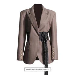 V-neck Suit 2024 New Style Personality Design Splicing Lace Waist Slim Suit Jacket for Women Жакет Женский