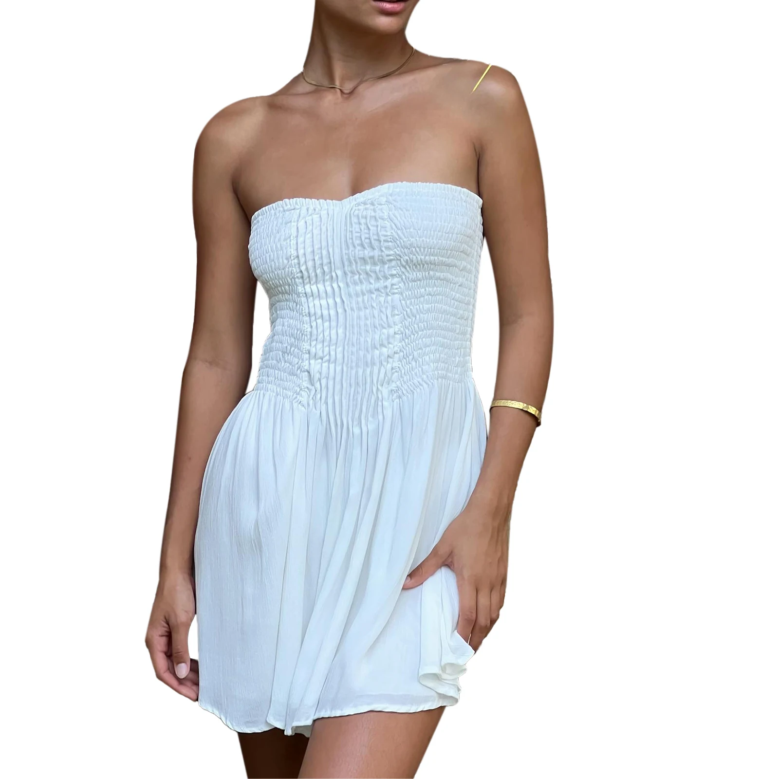 Women’s Summer Mini Dress Sleeveless Spaghetti Strap Solid Color Smocked Dress Beach Going Out A-Line Swing Dress