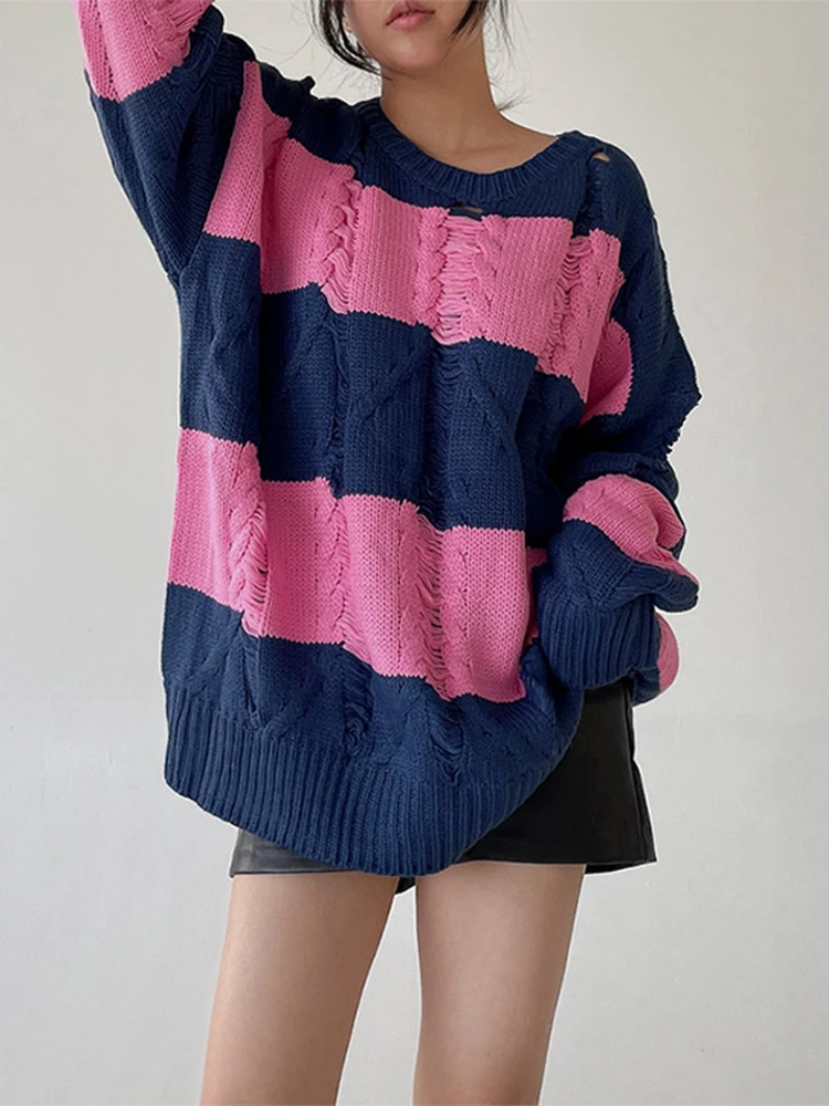 Jmprs Fashion Hole Striped Women Sweater Loose Twisted Casual O Neck Thick Winter Jumper Oversize Warm Ladies Knitted Coats