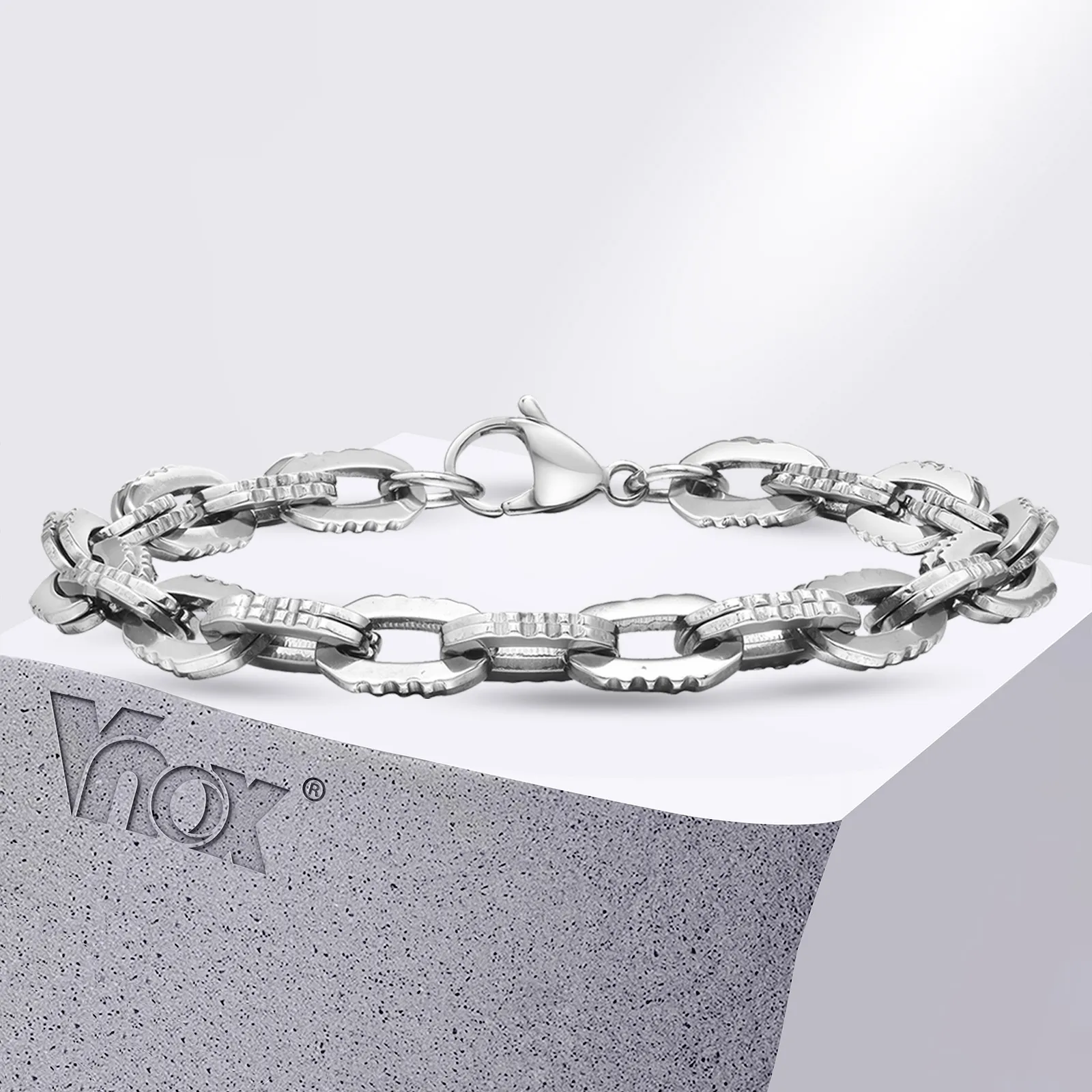 Vnox 8mm Silver Color Stainless Steel Link Chain Bracelets for Men Teens Boys, Never Fade Waterproof Gear Rectangular Links