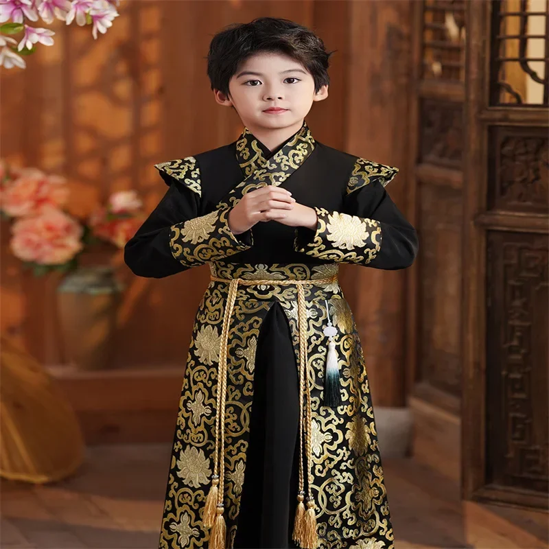 Traje Tang de caballero tradicional chino para niños, traje de escenario Hanfu mejorado, traje de moda guapo de alta calidad