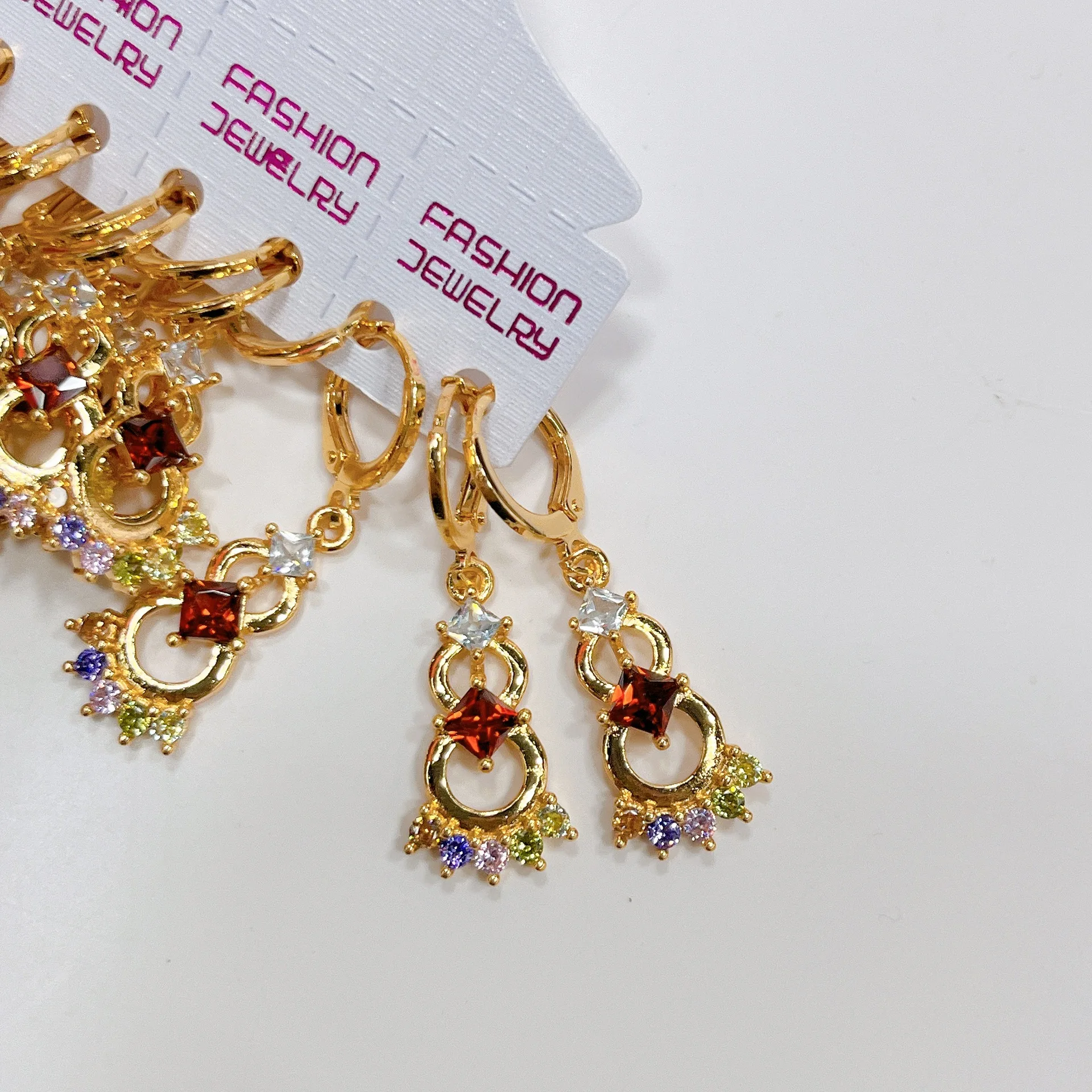 12Pairs Women's Colorful Zircon Copper Gold-Plated Drop Earrings Fashion Jewelry Accessories for Wedding Gift