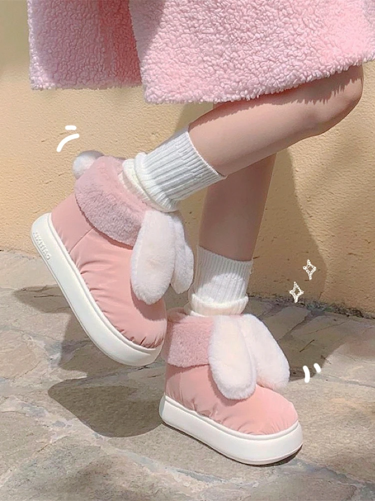 Cute Rabbit Ears Snow Boots Women\'s Winter Waterproof Thick Sole Warm Cotton Shoes Short Boots Home Shoes Household Slipper