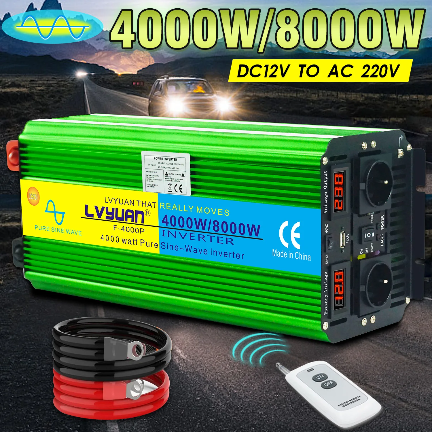 

8000W Pure Sine Wave Car Inverter Transformer Wireless Remote Control 12V 24V DC 110V/220V US EU Universal Output Socket