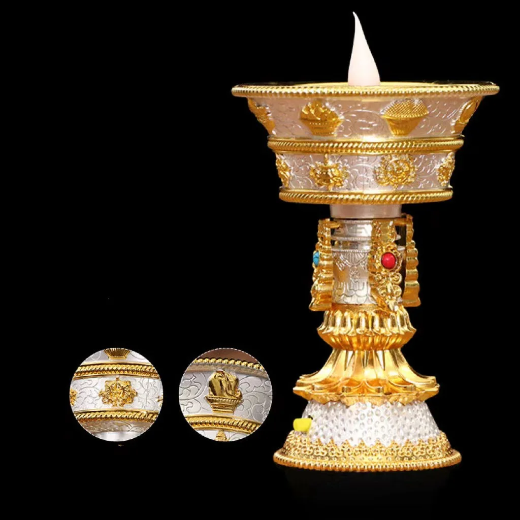 Customized Tibet Butter Lamp, Rechargeable Alloy Buddhism Candle and Candlestick, Warm White LED, Thailand Buddhist Pray Light