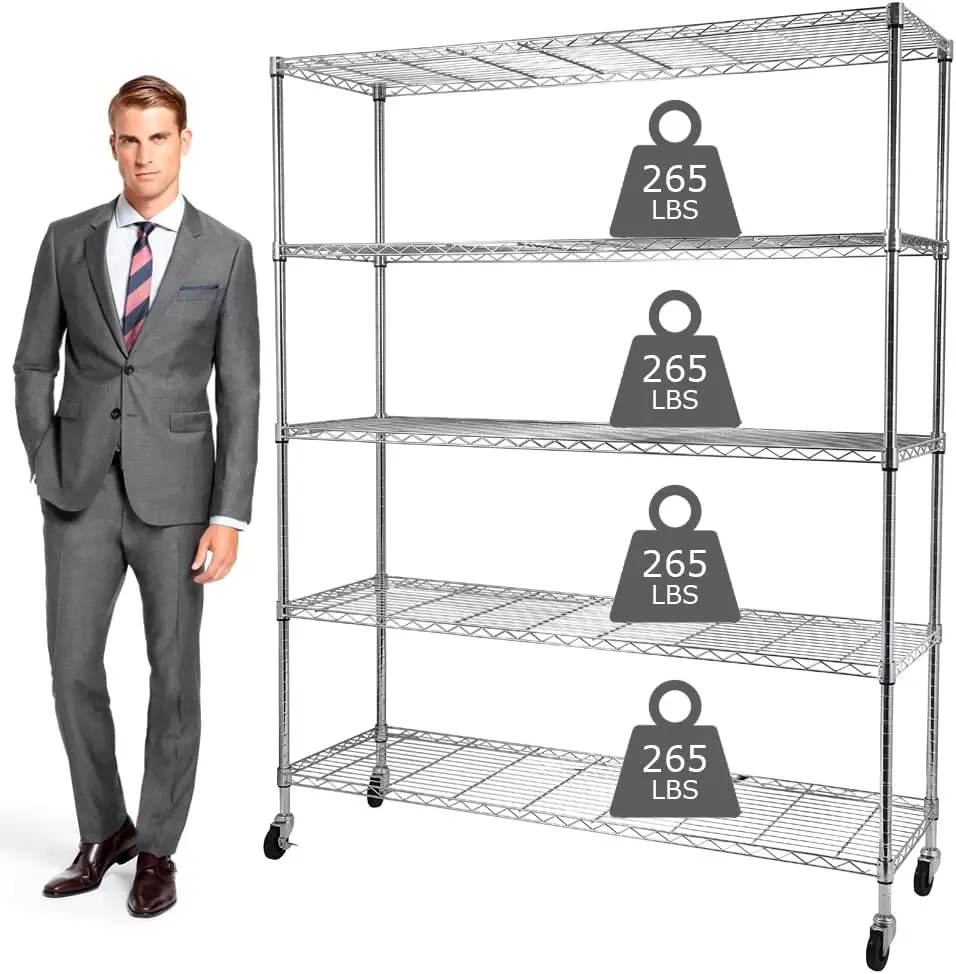 Metal Storage Shelves with Wheels, NSF Shelving Unit 60 X 18 X 72, 1325 Lbs Capacity, 5 Tier Heavy Duty Wire Shelving Rack,