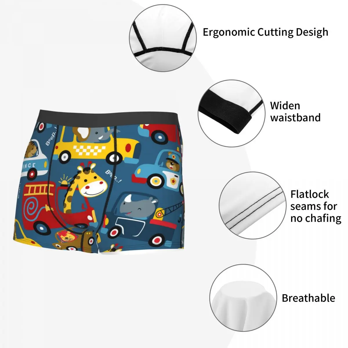 Men\'s Cartoon Cars Underwear, Funny Drivers Shorts, Comfortable Boxer, Male Panties