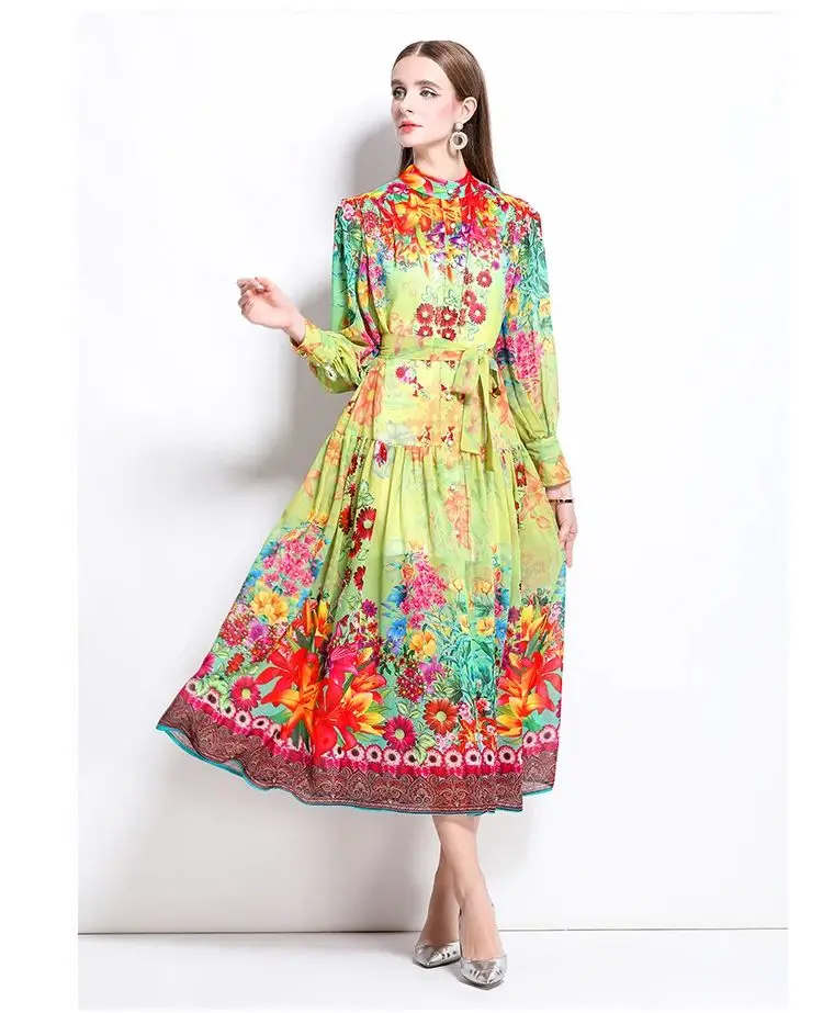 ZAROY Elegant Lantern Sleeve Single-breasted Dress Boho Slim Waist Belt Fashion Dress Women Vintage A-line Print Party Vestidos