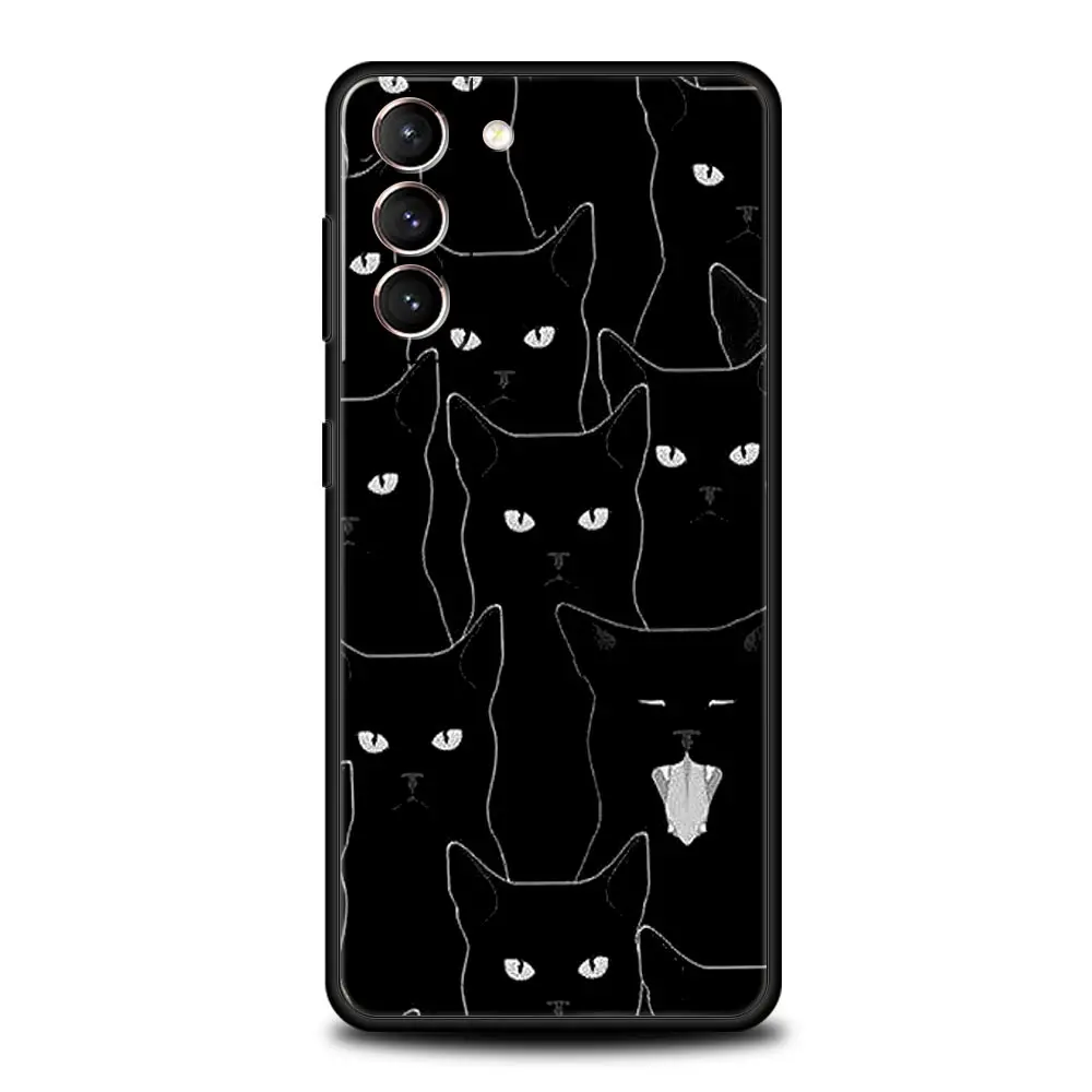 Phone Case For Samsung Galaxy S24 S23 S22 Ultra S20 S21 FE 5G S10 S9 Plus S10E S8 S7 Edge Silicone Cover Black Cat Cartoon Cute