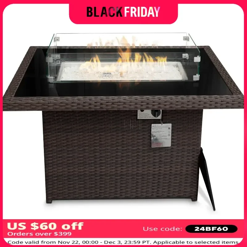 

43" Patio Outdoor Propane Fire Pit Table with Waterproof Cover 55,000 BTU Auto-Ignition Gas Fire Pit Table with Glass Table Top