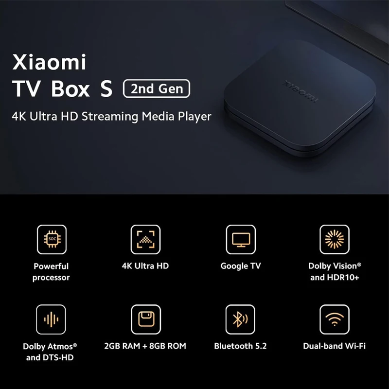 Xiaomi TV Box S 2nd Gen 4K Ultra HD Streaming Media Player Google TV Box WiFi Bluetooth 5.2 Dolby Vision HDR10 + TV Play Box