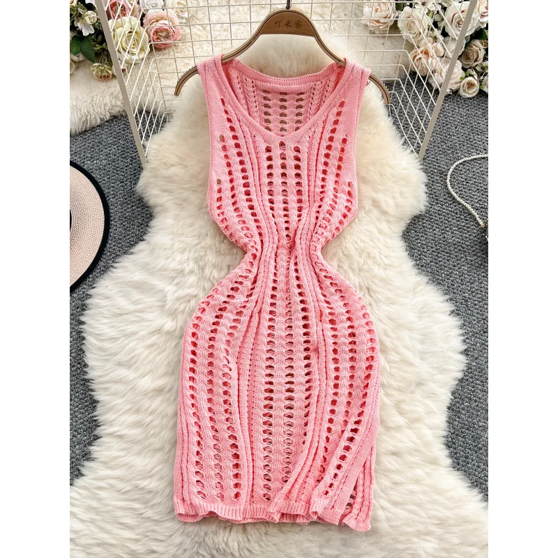 2025 boho women summer sexy knitted short tank dress casual hollow out beach holiday sundress split chic slim v neck dresses