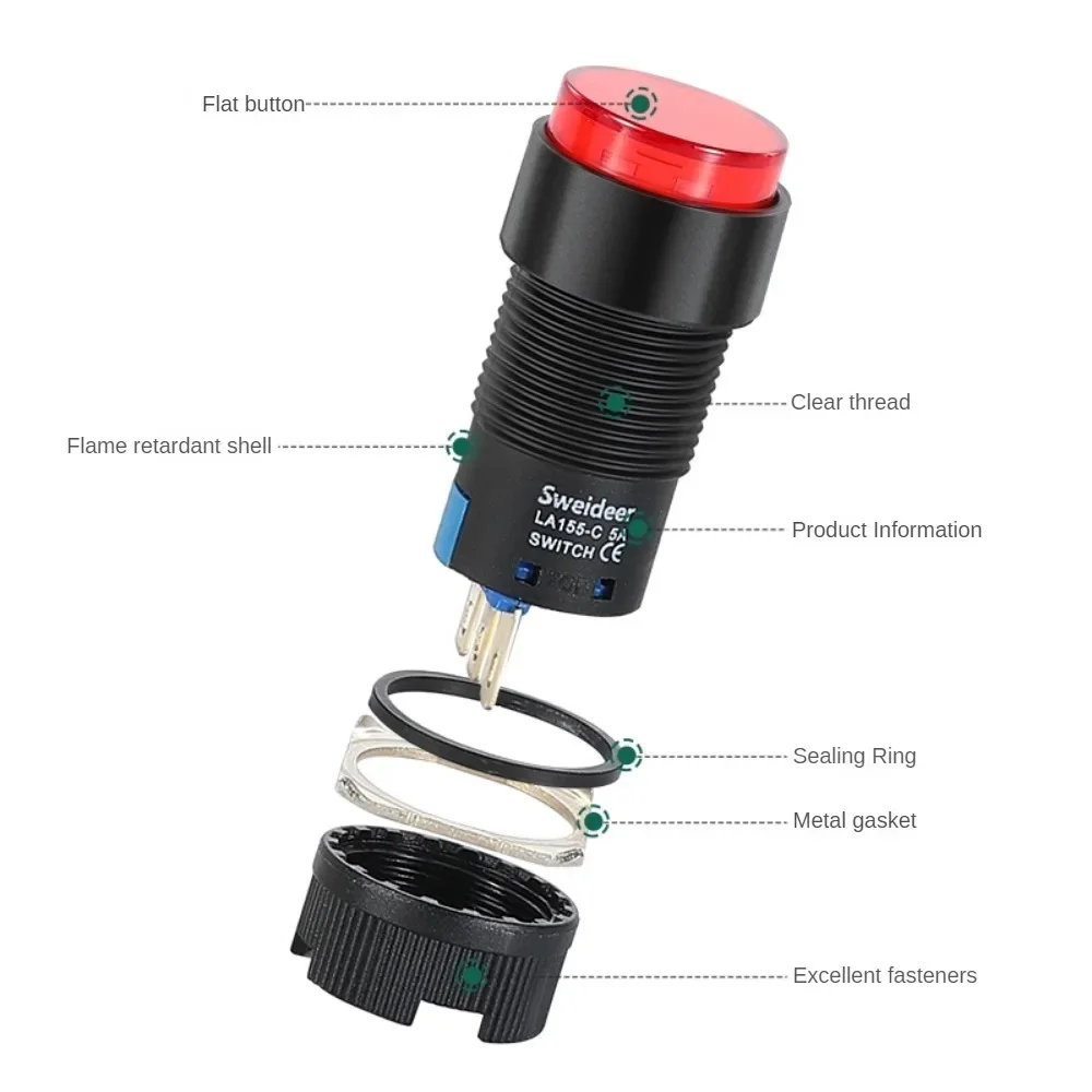 16mm Push Button Switch LED Illuminuted 12/24/220V Momentary Self-locking on Off with Light Square Round Rectangle Power Switch