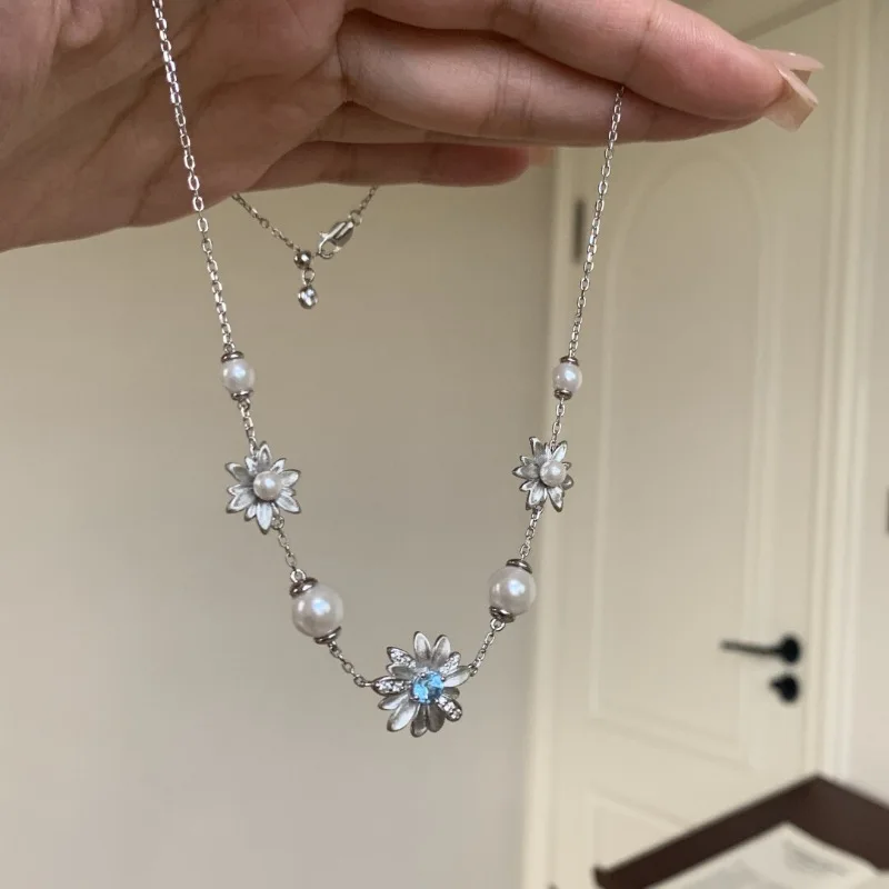 

Винтажные новые браслеты Paraiba с синими бриллиантами и ромашками для женщин, ожерелье, легкая роскошь и элегантность, изысканные комплекты ювелирных украшений с жемчугом