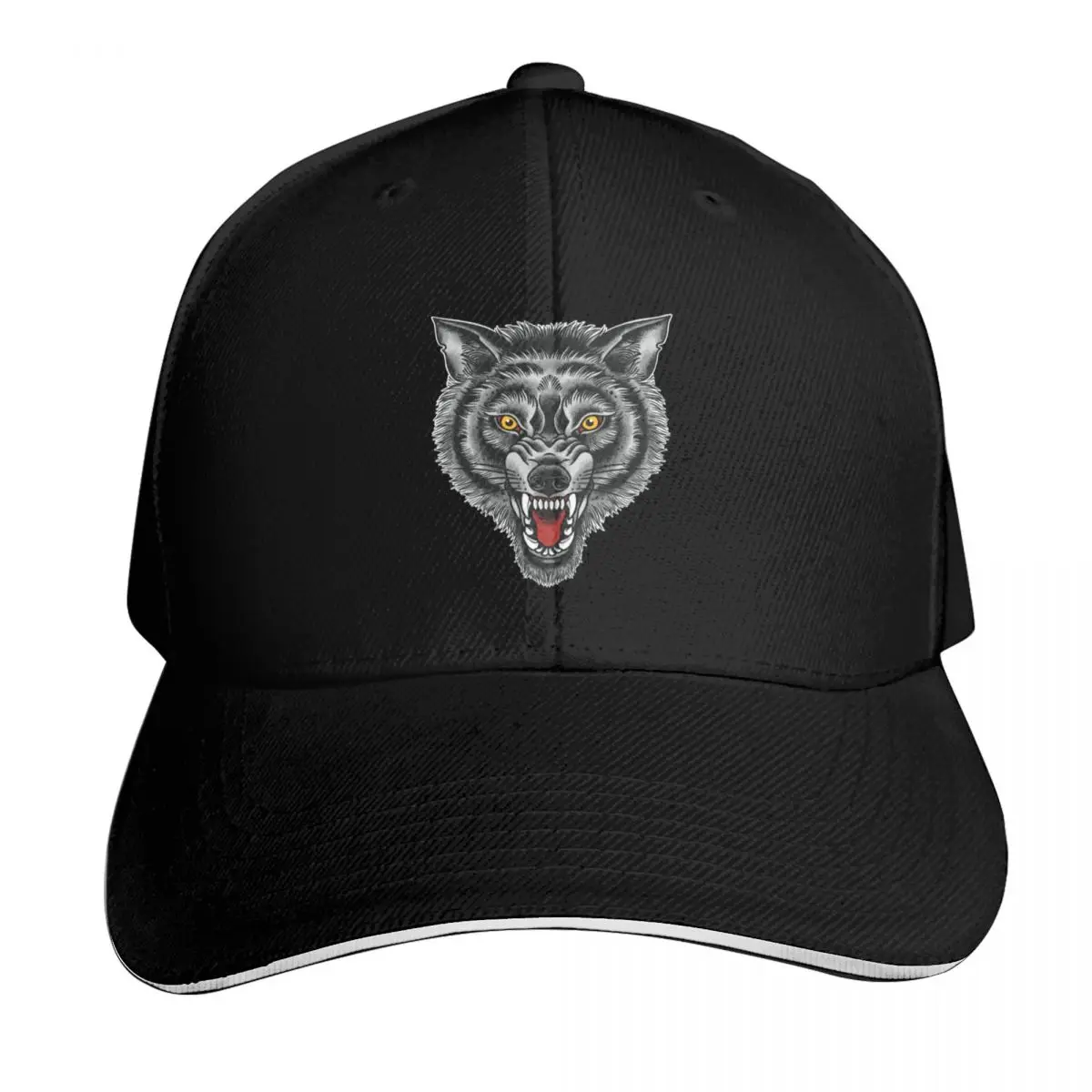 Black Wolf Head Traditional Tattoo Baseball Cap Quick Dry Performance Cotton Twill Breathable Contrast Two Tone Brim