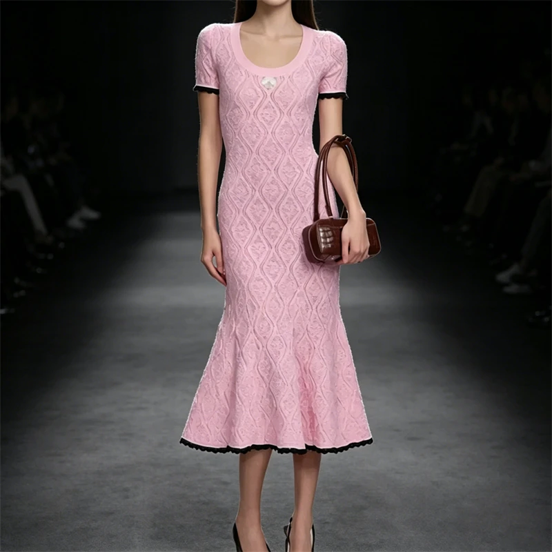 Summer New U-Neck Color Block Short Sleeve Knitted Dress Women's Fashion Casual Embroidered Fish Tail Lace Hem Long Dress