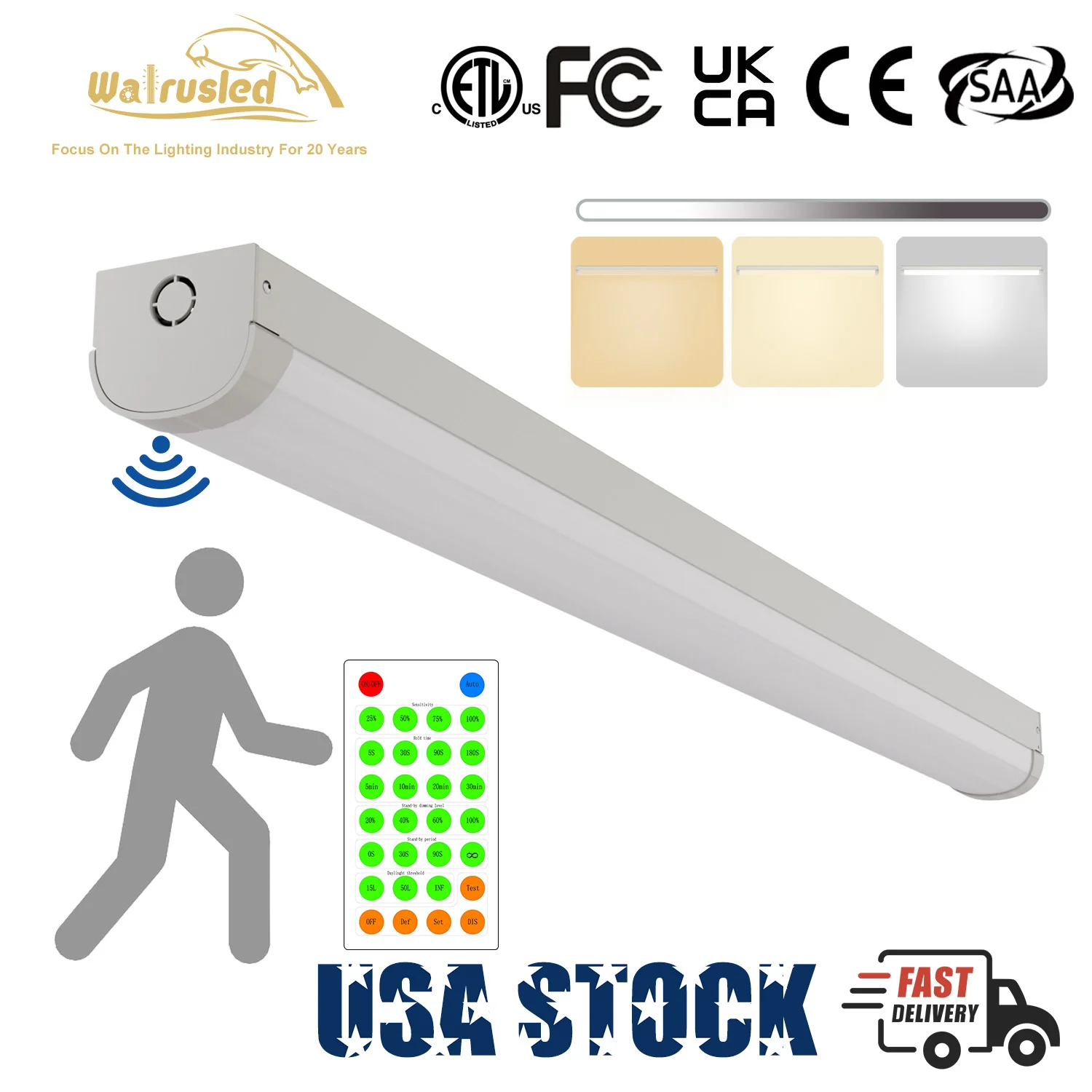 Luce per scale a striscia lineare a LED con sensore di movimento a tre livelli da 2 piedi con telecomando 20W 2500lm 3/4/5000K, plafoniera per negozio dimmerabile ETL