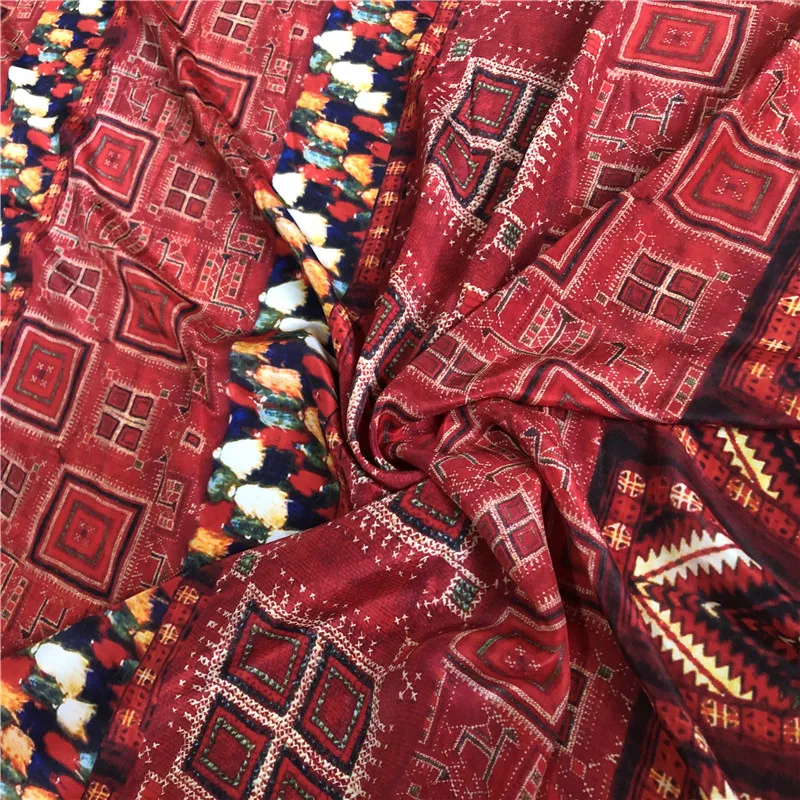 

1 meter 100% Mulberry Silk 14 momme Crepe Silk Fabric Red Printed 136cm 53" wide by the yard JJ275