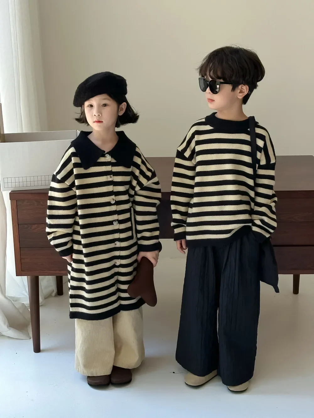 Sweater Autumn Boy Girls Children Clothing Korean Stripe Sweater Children Flip Collar Causal Loose Simple Round Collar 2024