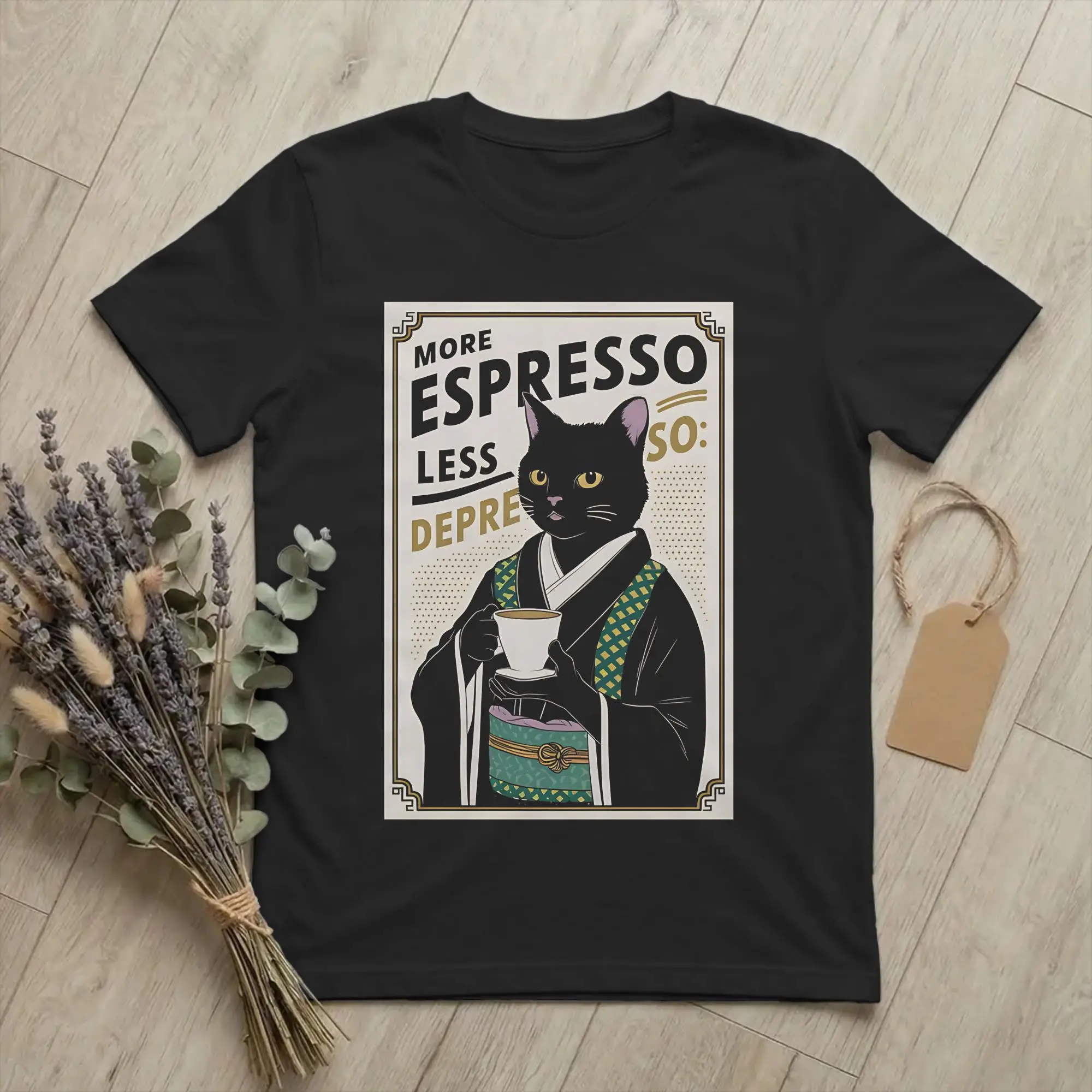 Black Cat Coffee More Espresso Less Depresso Tshirts Men Cotton Tops Shirts Funny  Round Neck Short Sleeve