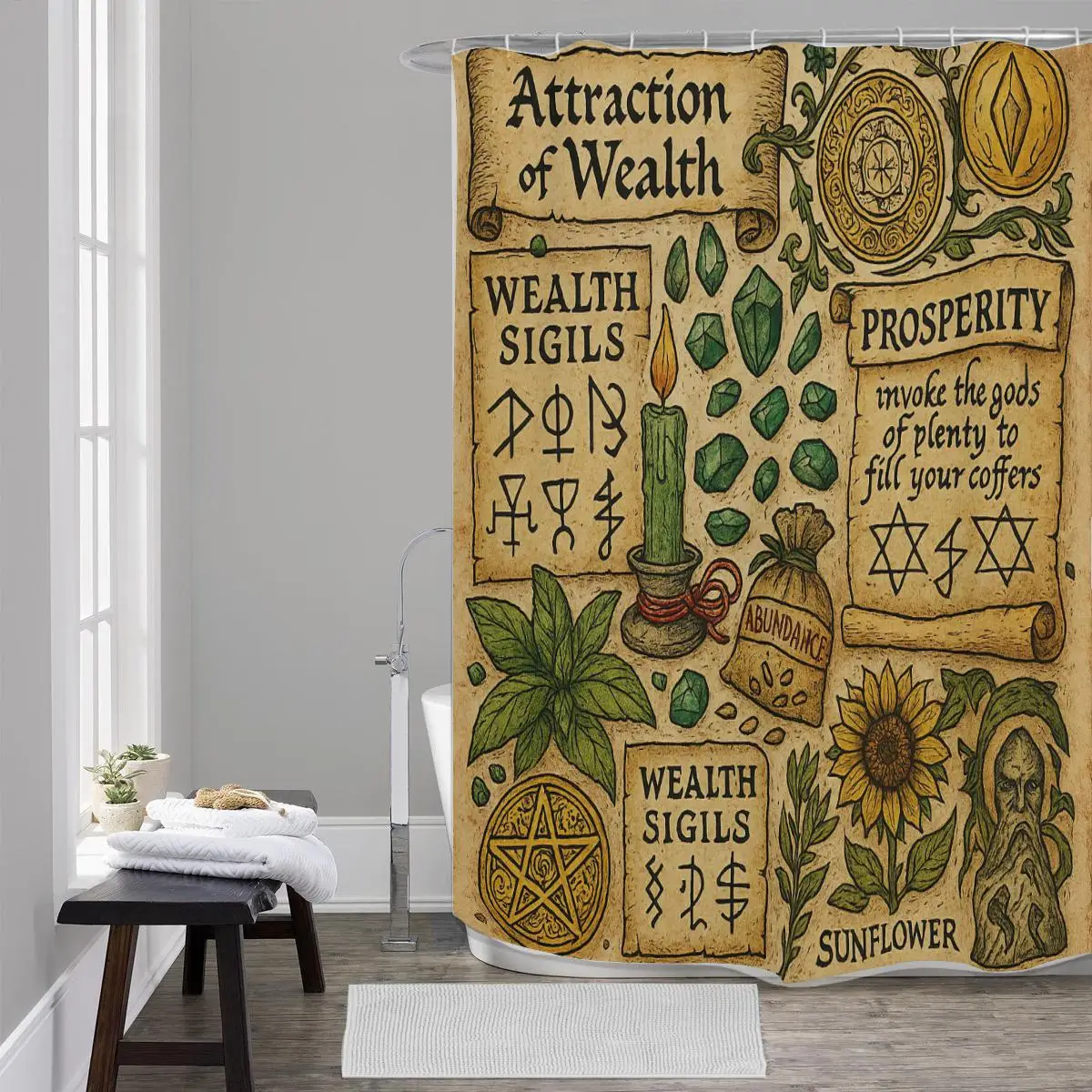 Mystic Wealth Magic Attraction of Wealth Prosperity Sun Flower Boho Bathroom Shower Curtain Tapestry