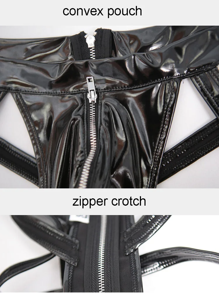 S-3XL Wet Look PVC Convex Pouch Mens Bikini Briefs Shiny PU Leather Zipper Open Crotch Jockstrap Slips Sexy Calzoncillos Ropa