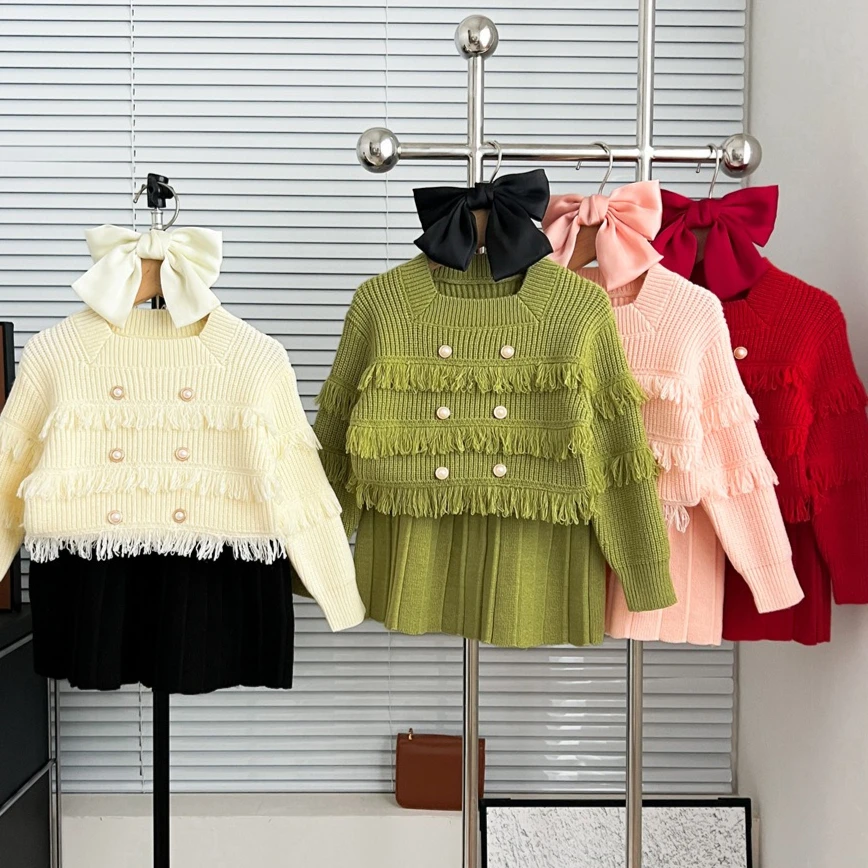 Girls Suit 2025 Spring and Autumn New Childrens Clothing Girls Baby Fashion Fringe Knitted Shirt Skirt Two Sets Casual Simple