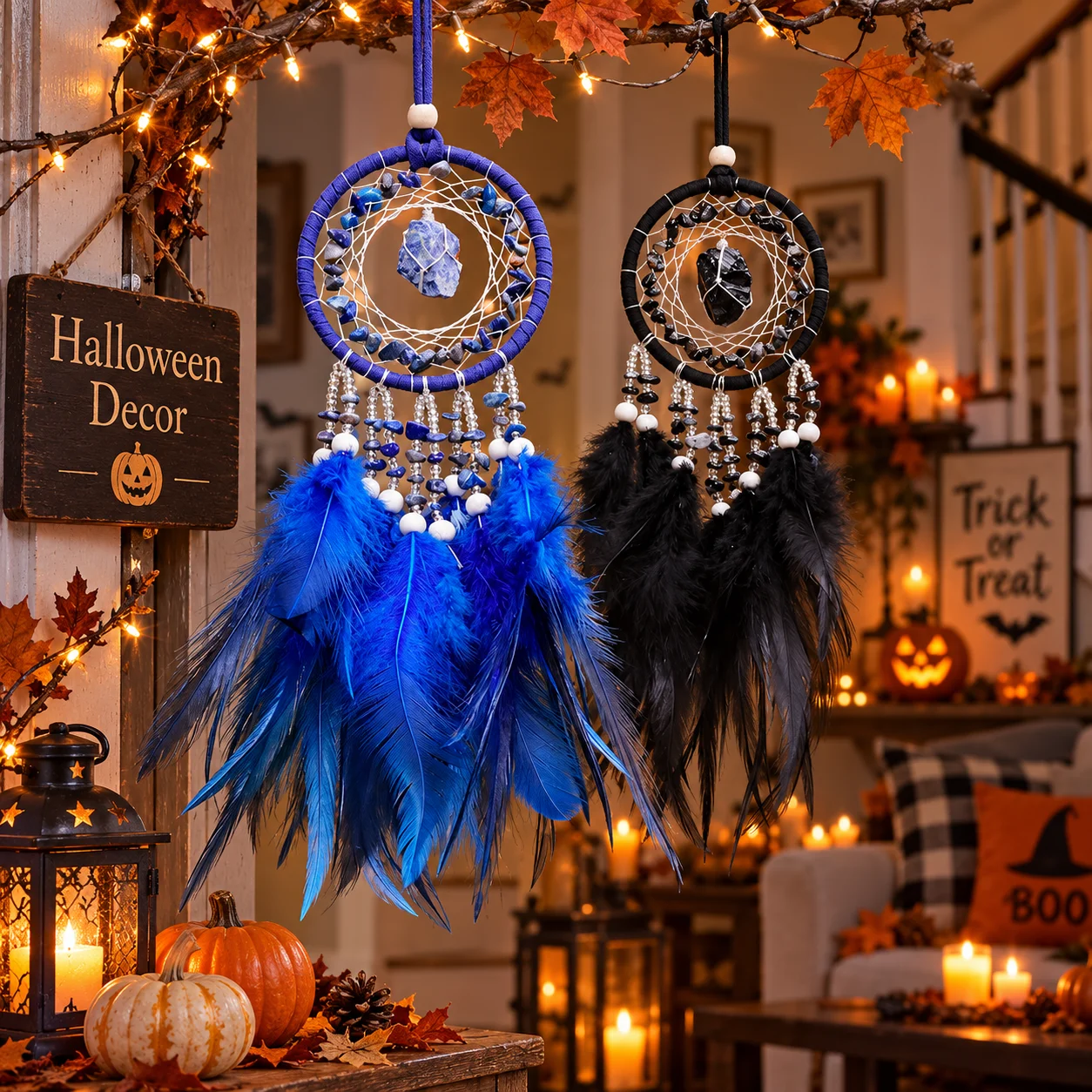 G1 Crystal Dream Catcher Halloween Decoration Feather Wall Hanging Boho Home Decor Bedroom Ornament Handmade Gift