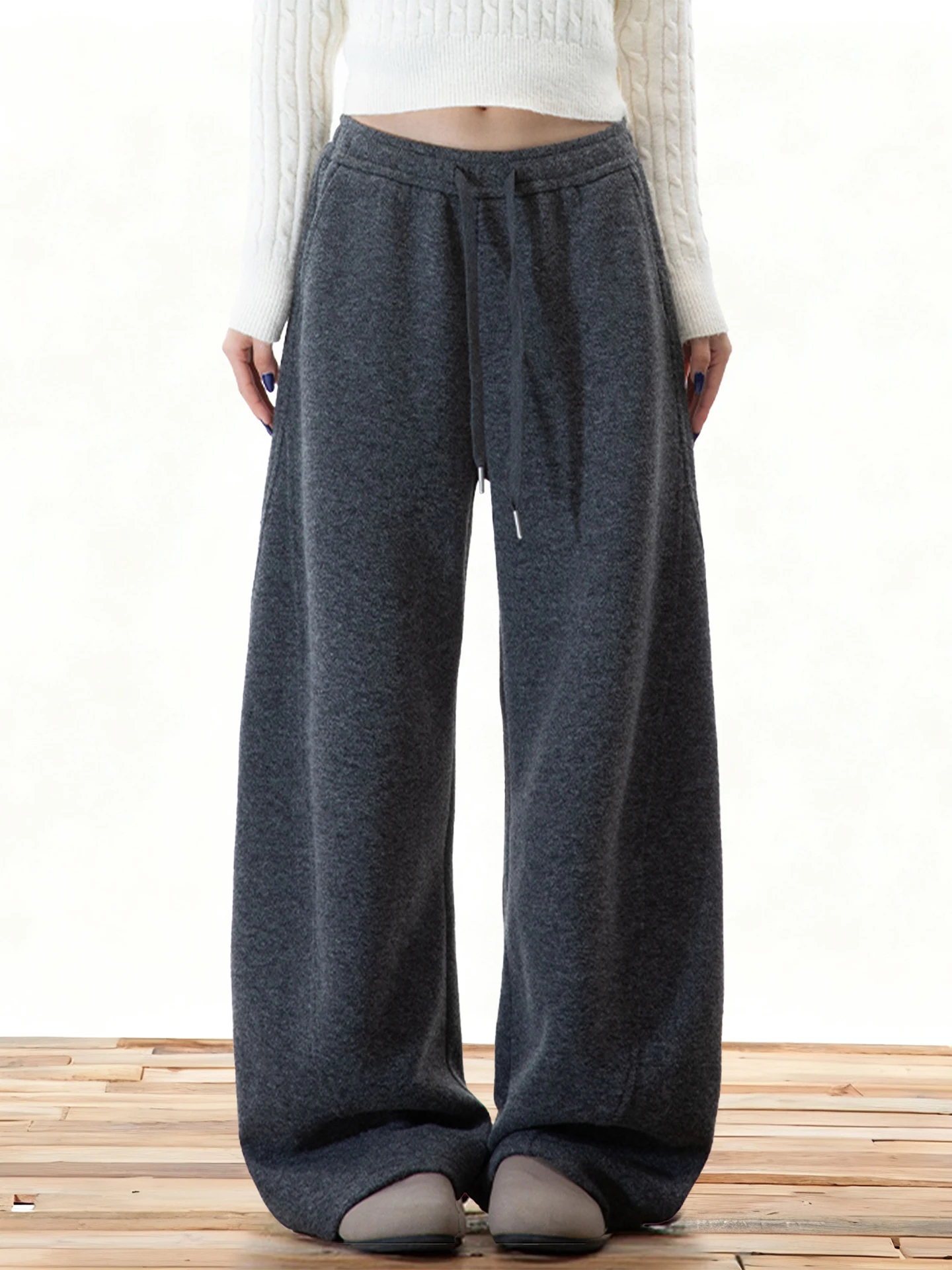 

High Waist Wide Leg Woolen Trousers Women's Autumn Winter Loose Comfortable Casual Pants Slash Shape Fashionable Ladies' Clot...