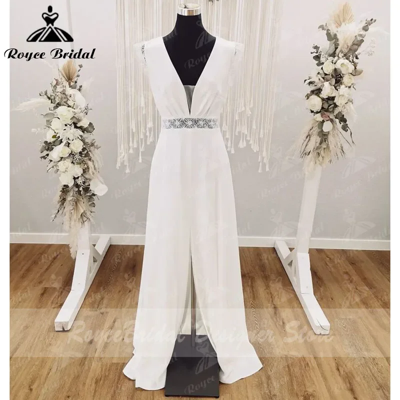 

2025 Civil Mariage Vestaglia Sposa Wedding Dress V Neck Lace Satin Split Middle Open Back Sweep Bridal Gown Vestidos de Novia